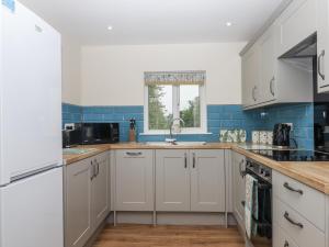 a kitchen with white cabinets and blue tiles at Aunty Junes Cottage in Okehampton