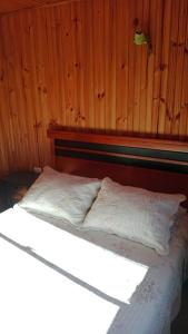 a bed in a room with a wooden wall at Cabañas La Palmera saltos del Laja in Los Ángeles