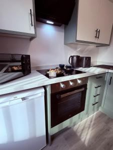a kitchen with a stove top oven next to a counter at 124B Modern Suite 1 bedroom apartment in Quinton