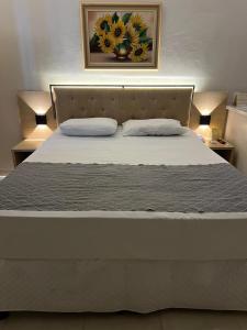 a bed in a bedroom with two lamps and a painting at Hot Springs Flat Apart-Hotel Master Luxo com Banheira in Caldas Novas