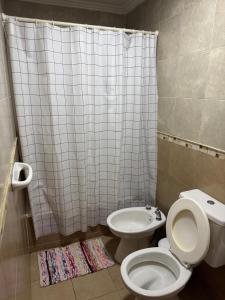 a bathroom with a toilet and a shower curtain at DPTO BOULEVARD GALVEZ CON COCHERA, Santa Fe in Santa Fe