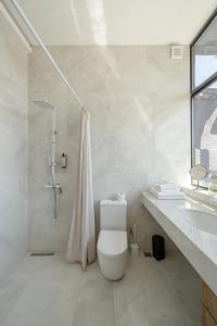 a white bathroom with a toilet and a shower at Niabi Villa with pool in Tbilisi City