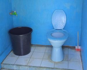 a blue bathroom with a toilet and a trash can at Padukuhan Prema Shanti in Penebel