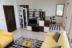 a living room with a couch and a tv at Maslov Apartments in Ohrid