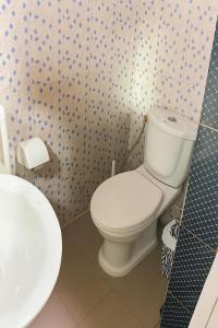 a bathroom with a white toilet and a sink at La Maison Du Voyageur in Kribi