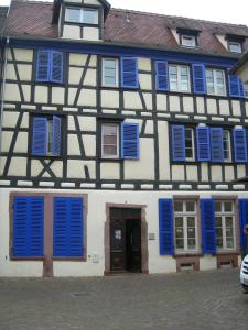 un edificio blanco y negro con persianas azules en Tripiers Duplex, en Colmar