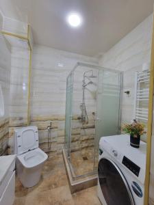 Un baño con inodoro y ducha de cristal. en Tatulis house white bridge, en Kutaisi