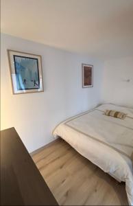 a bedroom with a bed and a picture on the wall at Petit cocon cosy entre lac et montagnes in Malbuisson