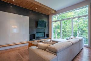 a living room with a couch and a tv at Spa River and Comfort - Domaine de la Seigneurie in Sainte Béatrix