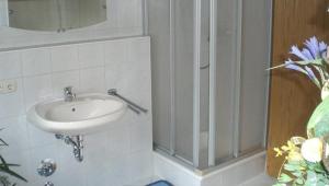 a bathroom with a white sink and a mirror at Ferienwohnung Fichtelwald in Fichtelberg +58 photos