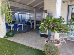 a patio with a potted plant and tables and chairs at Gli Oleandri in Ginosa Marina +14 photos
