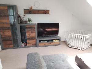 salon z telewizorem z płaskim ekranem w centrum rozrywki w obiekcie Ferienwohnung Böhrer im schönen Leinleitertal w mieście Veilbronn +19 zdjęć