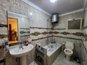 a bathroom with a sink and a toilet and a tub at Private rooftop with jacuzzi and pyramids view in ‘Ezbet `Abd el-Ḥamîd +20 photos
