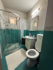 a bathroom with a toilet and a glass shower at Apartament Craiova in Craiova