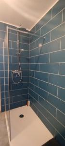 a blue tiled bathroom with a shower at Maison pleine nature Aiguebellette et Bourget in Loisieux