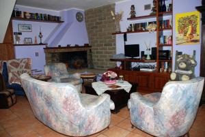 salon z 2 krzesłami i kominkiem w obiekcie Gatto Matto w mieście Manziana