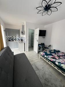 a living room with a couch and a kitchen at Apartamenty Anielski Sen 3 in Świeradów-Zdrój