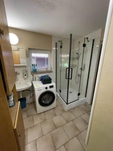 un bagno con doccia e lavatrice di Chata Libuška a Děčín