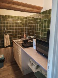 a kitchen with a stove and green tiles on the wall at L'Etape in Pont-d'Ouilly +38 photos