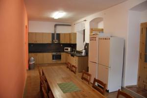 a kitchen with a table and a refrigerator at Penzion Hanka Orličky in Orličky