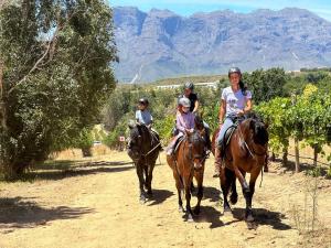 a group of people riding horses down a dirt road at La Paris Estate in Franschhoek