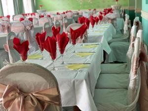 a row of tables with red napkins and wine glasses at Hotel Bosna in Kladanj +59 photos