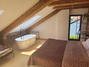 un dormitorio con una cama y una bañera en Villa Rustica, 