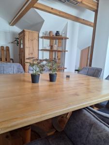 a wooden table with three potted plants on it at Ferienwohnung Kampesberg 