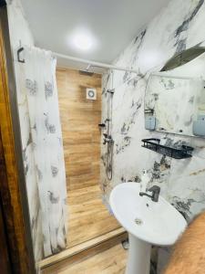 a bathroom with a sink and a shower at House Lia Apartment Likani in Borjomi