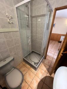 a shower with a glass door in a bathroom at La compagnie du bourg in Le Châtelard