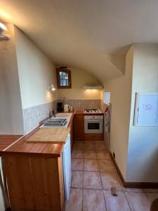 a small kitchen with a sink and a refrigerator at La compagnie du bourg in Le Châtelard