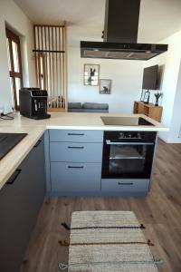 a kitchen with a stove and a sink at La Ferma Nagy in Vişeu de Sus