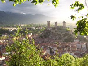 a view of a city with a castle on a hill at Hôtel Le Lons in Foix