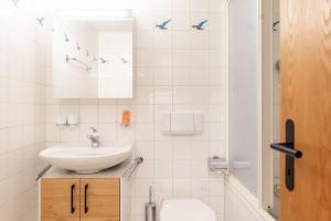 ツェルマットにあるStudio Nova, Zermattの洗面台と鏡のある白いバスルーム