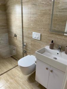 a bathroom with a toilet and a sink and a shower at Villa Perikli in Delvinë