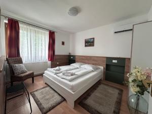 a bedroom with a bed and a desk and a chair at Orsi House in Szombathely