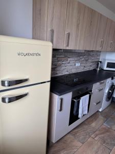 a kitchen with a white refrigerator and a stove at Zentraler Moment in Chemnitz +2 photos