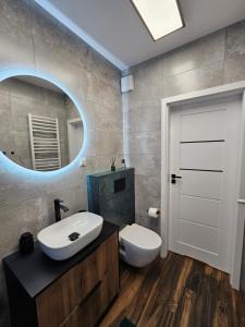 a bathroom with a sink and a toilet and a mirror at Apartament Przystanek Mrągowo in Mrągowo +6 photos