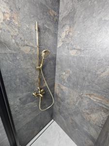 a shower in a bathroom with a stone wall at LUXURY APARTMENTS WILCZA 8 by Marta klimatyzacja in Radom +9 photos