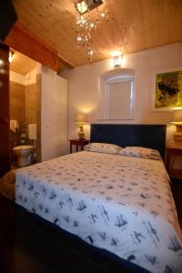 a bedroom with a bed with a blue and white comforter at Art House Vižinada in Vižinada