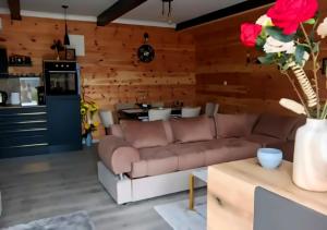 a living room with a couch and a kitchen at Biserna dolina LUX Uvac in Sjenica +27 photos