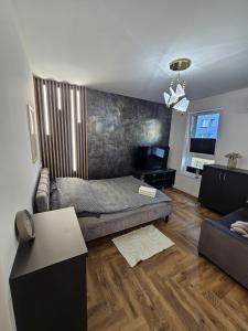 a living room with a bed and a couch at LUXURY APARTMENTS WILCZA 15 by Marta klimatyzacja in Radom