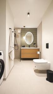 a bathroom with a toilet and a sink and a mirror at Riia street apartment with parking in Tartu