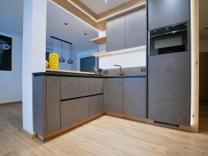 a kitchen with stainless steel appliances and wood floors at BLACKSTYLE - Stylish Apartment with Balcony & Parking in Tyrol, presented by AlpenLuxus in Brixlegg