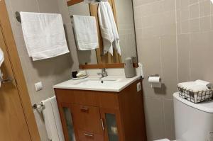 a bathroom with a sink and a toilet and a mirror at Alojamiento espacioso ideal para visitas en grupo in Terrassa