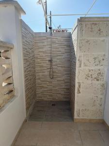a bathroom with a shower in a brick wall at Villa Oliveto in San Pietro in Bevagna +35 photos