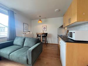 a living room with a couch in a kitchen at LL Properties - The Downtown Nest in Akureyri