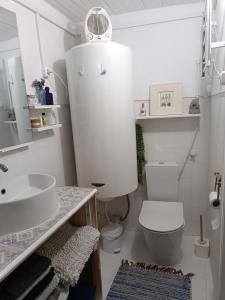 a white bathroom with a toilet and a sink at Chambre familiale chez "Casa Portuguesa", accès piscine-jardin-1h15 Lisboa in Chamusca