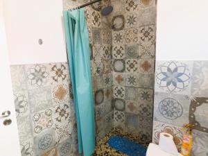 ヨハネスブルグにあるNorthcliff Green Houseのバスルーム(青いシャワーカーテン付)が備わります。