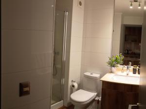 a bathroom with a toilet and a shower and a sink at Departamento Barcelona in Temuco